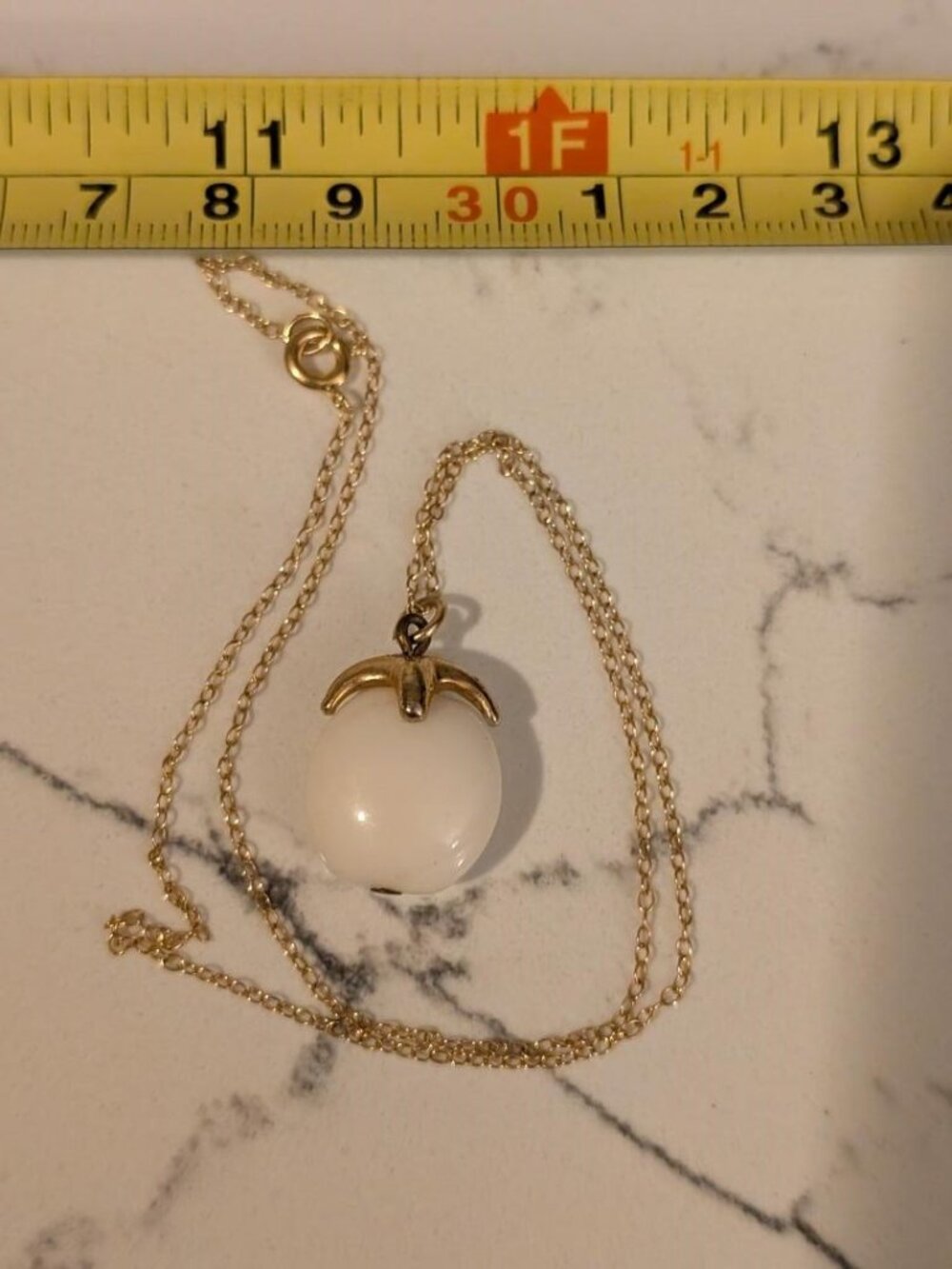 Vintage White Lucite (Trifari?) Charm Pendant on Gold Filled Chain.